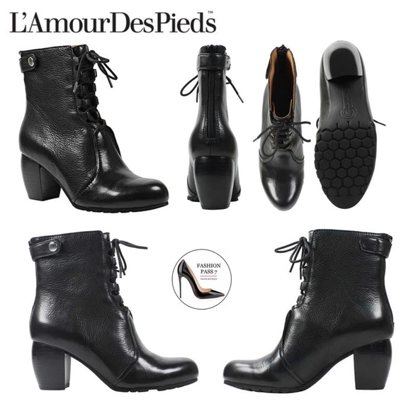 L'Amour des Pieds Pontedera Black Leather Ankle Bootie Block Heel Fashion Boot 7 - Picture 2 of 15